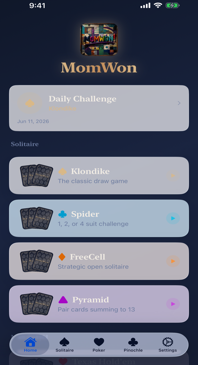 MomWon home screen with six games and a daily challenge