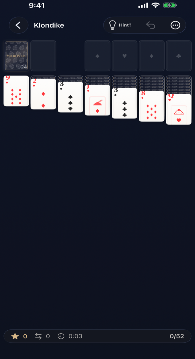 Klondike gameplay with smart hints and undo