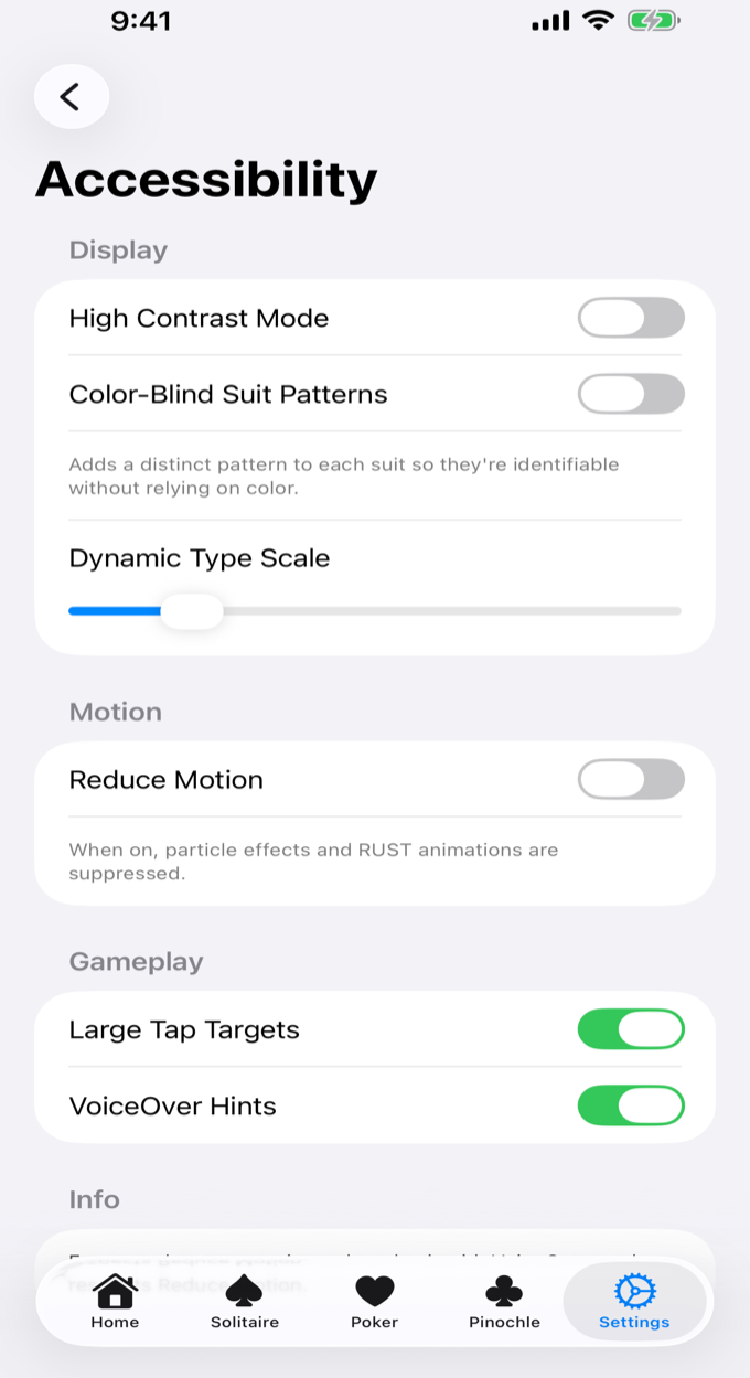 Accessibility settings — VoiceOver, contrast, color-blind suits