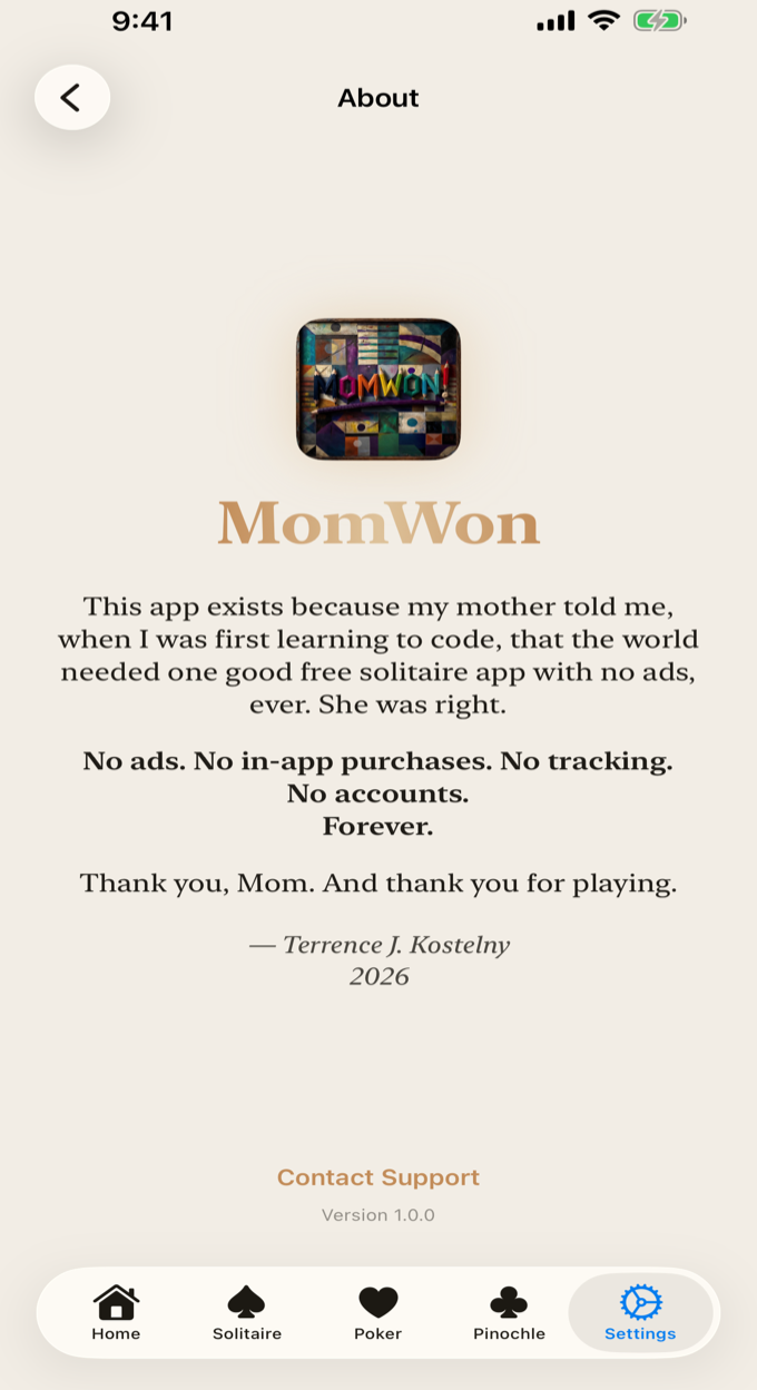 About screen — free forever, for Mom