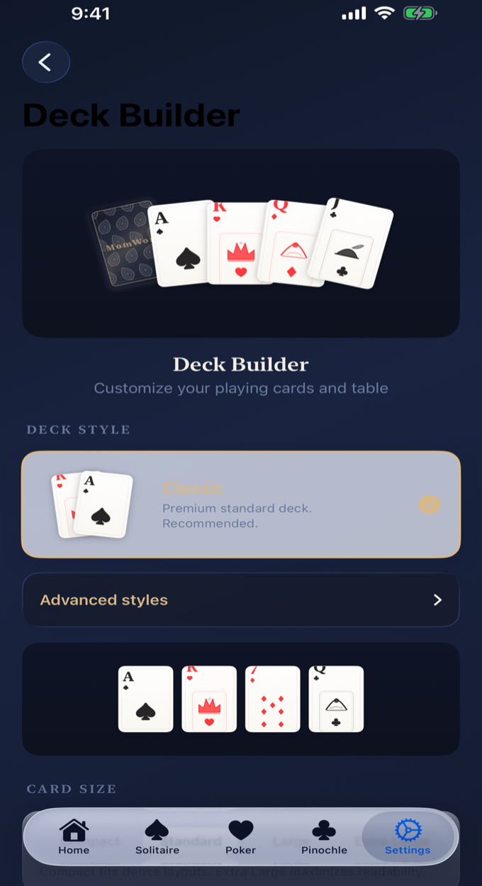 Deck Builder — themed face packs and card sizes
